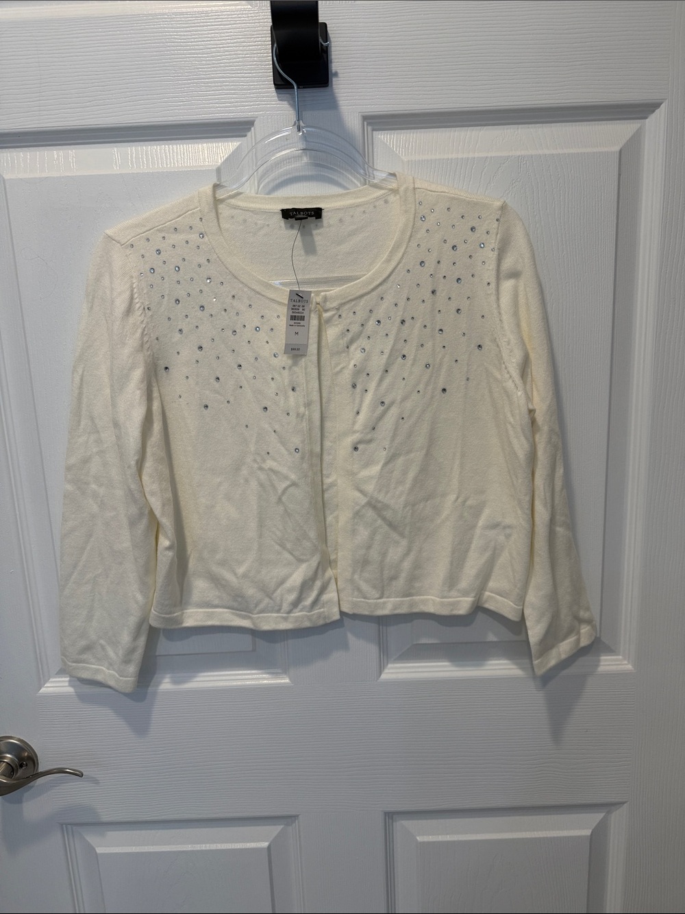 Talbots Ivory Rhinestone-Embellished Cropped Cardigan Blazer